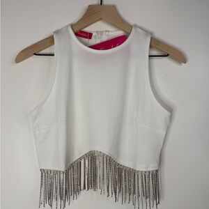 NWT Mandefeis White Rhinestone Fringe Crop Top Sparkly Festival Top Size M